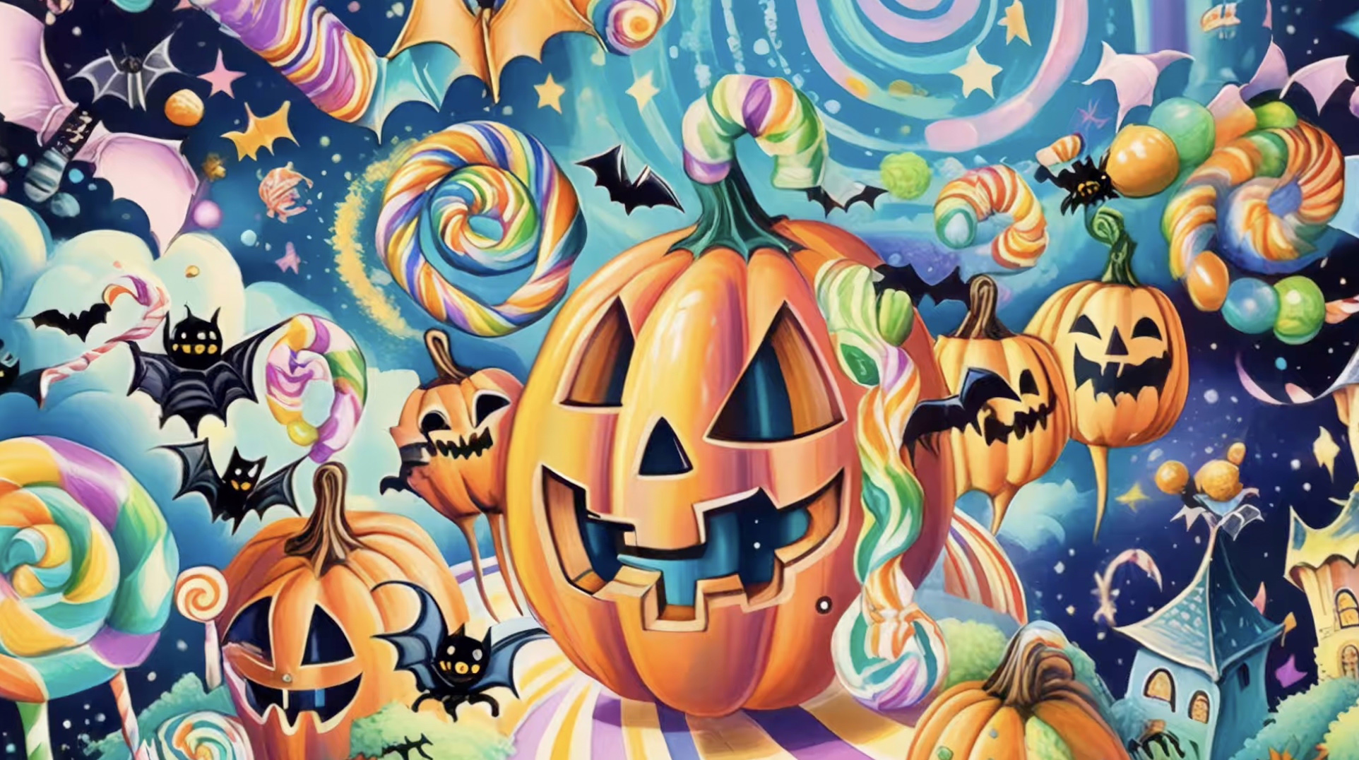 Surreal, colorful animals like giraffes and cats in a whimsical, psychedelic landscape.